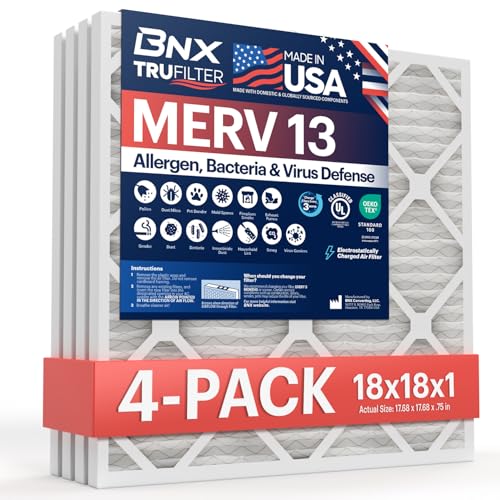 BNX TruFilter 18x18x1 Air Filter MERV 13 (4-Pack) - MADE IN USA - Electrostatic Pleated Air Conditioner HVAC AC Furnace Filters for Allergies, Pollen, Mold, Bacteria, Smoke, Allergen, MPR 1900 FPR 10