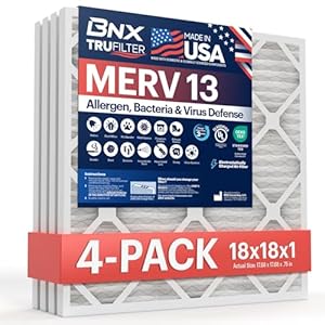 BNX TruFilter 18x18x1 Air Filter MERV 13 (4-Pack) – MADE IN USA – Electrostatic Pleated Air Conditioner HVAC AC Furnace Filters for Allergies, Pollen, Mold, Bacteria, Smoke, Allergen, MPR 1900 FPR 10