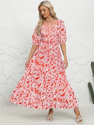 Image of Lyrur Summer Boho Smocked Maxi Dresses for Women Casual Puff Sleeve Square Neck A Line Tiered Ruffle Ankle Length Dress