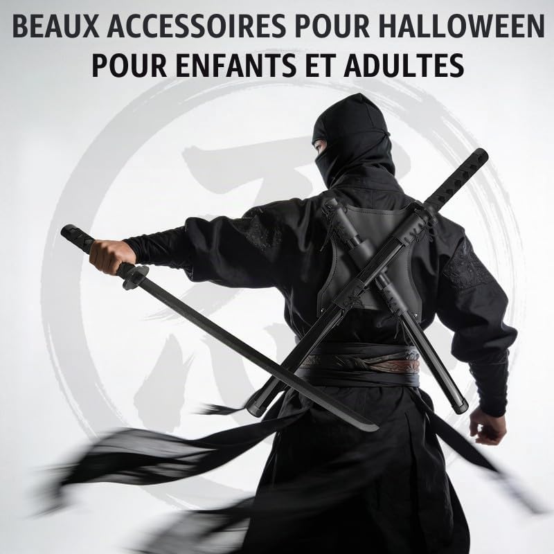 Ensemble de Sabres Ninja en Bois avec étui Dorsal – Étui à Armes Ajustable avec Deux katanas pour Costumes de Cosplay, Halloween et Carnaval