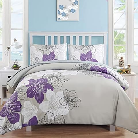 Djoymock Watercolor Purple Flower Duvet Cover Double Size Super Soft Reversible Bedding Set 3 Pieces Microfiber Soft Skin-friendly with 2 Pillowcases(1xDuvet Cover; 200X200cm) Cover