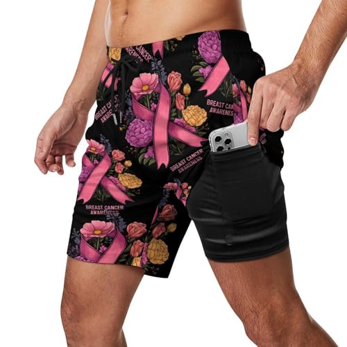 Breast Cancer Ribbon Awareness Beach Shorts for Men Swim Trunks Quick Dry Swim Shorts with Compression Liner Pocket2