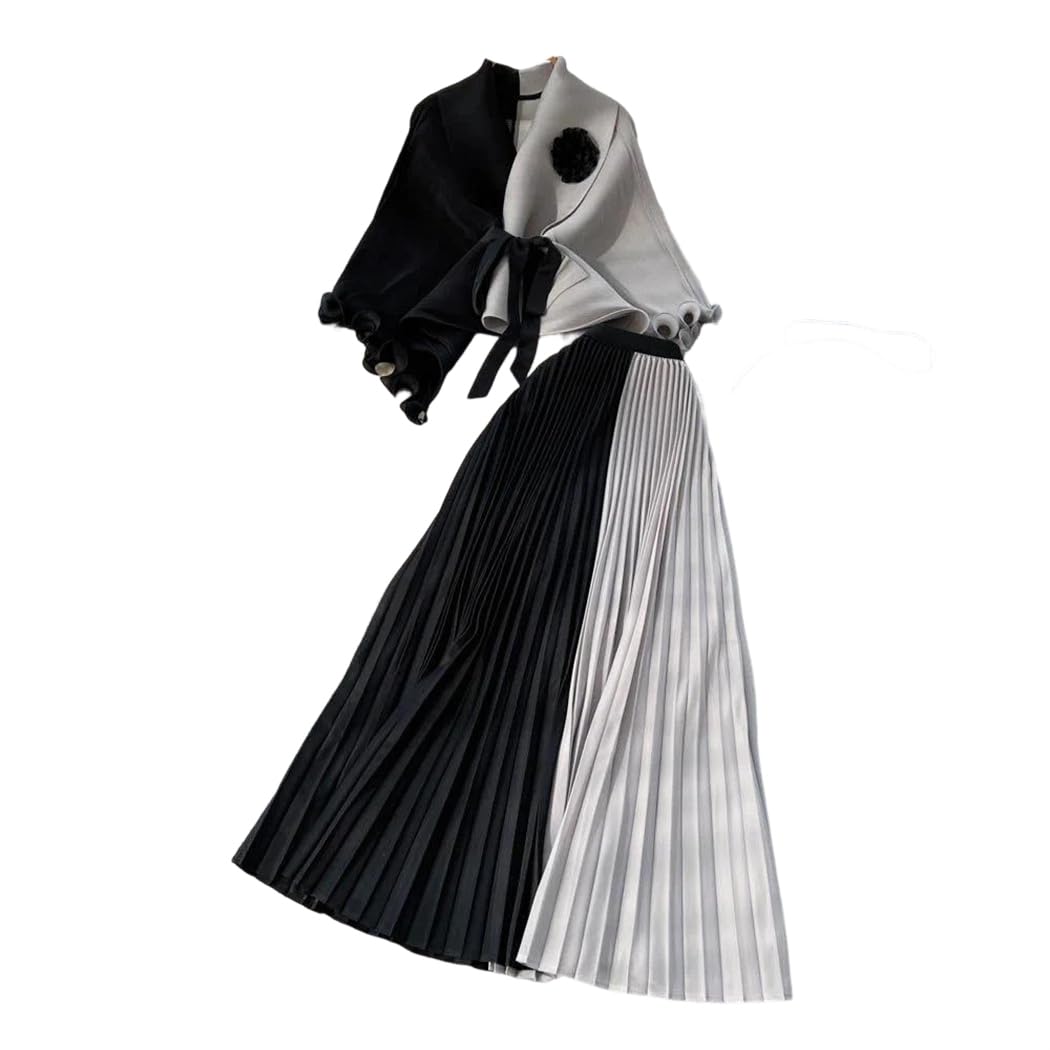 Conjunto de falda plisada de dos piezas para mujer, sin mangas, con lazo en la cintura, cintura alta, falda midi para viajes y oficina, 5, Altoa única