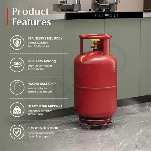 Image of LAPO Gas Cylinder Stand with Wheels for Kitchen, Heavy Duty LPG Gas Bottle Trolley Stand for Easy Moving, Strong Floor Standing Cylinder Holder Base for Home Kitchen Use-Chrome