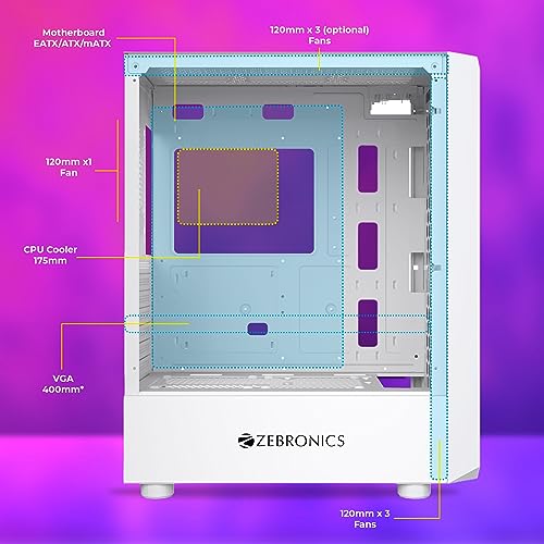 Image of ZEBRONICS Hornet Mid-Tower Premium Gaming Cabinet -, ATX, 4 ARGB Fan, LED Control Switch, Window Tempered Glass Panel, USB 3.0, Top AIO Cooler Support, Magnetic Dust Filter (White)