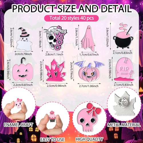 40 Pcs Pink Halloween Enamel Pins Bulk for Backpacks Cute Skull Boo Bat Decorative Brooches Pink and Black Halloween Lapel Pins for Girly Clothes Bags Hat Accessories Gift2