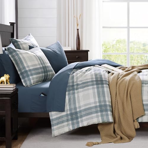 Image of MaiReve Plaid Full Comforter Sets, Blue Grey Grid Farmhouse Bedding Set Bed in A Bag, Classic Checkered Comforter Sets with Fitted & Flat Sheet, Pillowcases & Shams(Blue Grey, 80 inchx90 inch)