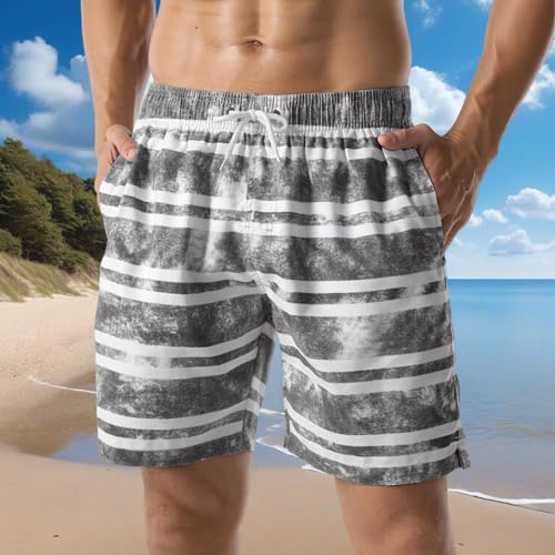 Men's Swim Trunk Quick Dry Striped Relaxed Fit Soft Washed Drawstring Board Shorts