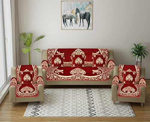 Image of Velvet Sofa Cover with Arm Cover and Cushion Covers Set of 5 Seater - Sofa Covers 3 Seater and 2 Seater Full Cover Set for Couch Seat - Heavy Fabric Sofa Slip Protector, 2701 Maroon