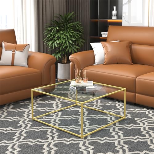 Image of Glass Coffee Table Modern Center Table,Minimalist Coffee Table Sofa Side Tea Table for Living Room,Tempered Glass-top with Sturdy Metal Frame, Easy Assembly,26.4 x 26.4 x 15.7 Inches, Gold