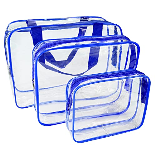 Kulturbeutel Transparent 3 Stück, PVC Kosmetiktasche Wasserdicht, Make-up Tasche Kosmetikbeutel Durchsichtig Reise Set Flugzeug Kulturtasche für Männer Männer, Frauen, Familie (Blau) Cover