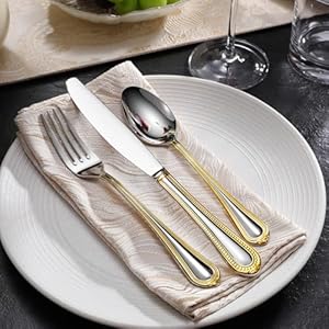 KEAWELL Pearl Edge Premium 204565 Piece Refined Bead Silverware Set 1810 Stainless Steel Service for 4812 Fine Flatware Set with Serving Utensils Dishwasher Safe 20 Gold Accent