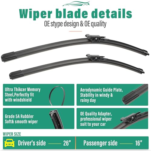 Image of 26 inch 16 inch 11 inch Windshield Wiper Blades Replacement for Lincoln MKC 2015 2016 2017 2018 2019 Premium All Weather Front Rear Wipers Set - OEM Quality (Pack of 3)