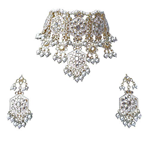 Finekraft Meena Kundan Bridal Wedding Designer Gold Plated Pearls Necklace Jewelry Set