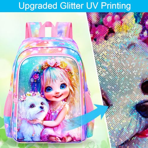 Image of 3Pcs Dog Backpack for Girls, 16 inch Kids Backpacks with Lunch Box, School Bookbag for Elementary Preschool Kindergarten (Pink)
