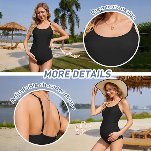 Maternity Swimsuit One Piece Maternity Bathing Suit Round Neck Adjustable Shoulder Strap Pregnancy Swimwear Black Large - Image 6