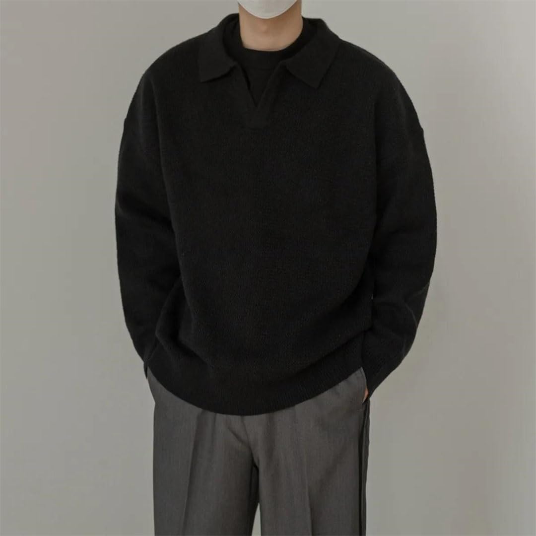 Men Winter Retro V-Neck Pullover Polo Lapel Loose Inner Layered Knit Sweater