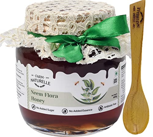 Image of Farm Naturelle Neem Forest Flower Wild Honey 400gm |100% Pure Honey | Raw & Unfiltered|Unprocessed|Lab Tested Honey In Glass Jar with Engraved Virgin Wooden Spoon