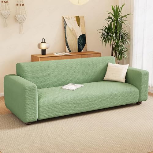 Image of Lukzer 1 Seater Pastel Green Grid Maze Pattern Sofa Cover | 240 GSM Universal Stretch Fit Jacquard Fabric Couch Protector | Fully Covered Anti Slip & Washable Sofa Cover (90-140cm /SC-107-01)