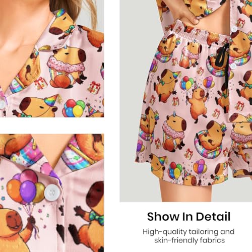 Image of Funny Pajamas for Women Set Print Satin Loungewear Pjs Short Sleeve Button Down Top and Shorts Sets Sleepwear XS-3XL