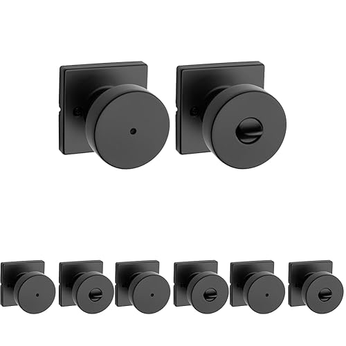 Kwikset Pismo Interior Privacy Door Knob with Lock, Door Handle for Bathroom and Bedroom, Matte Black Keyless Turn Lock Doorknob, with Microban Protection, Square Rose (Pack of 4) - Matte Black - Square Rose (Pack of 4) - Privacy