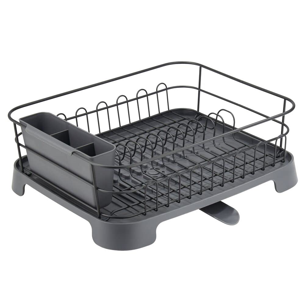 mDesign support à vaisselle en métal et plastique – panier égouttoir avec bec verseur pivotant – egouttoir design pour un plan de travail sec – noir mat/gris ardoise