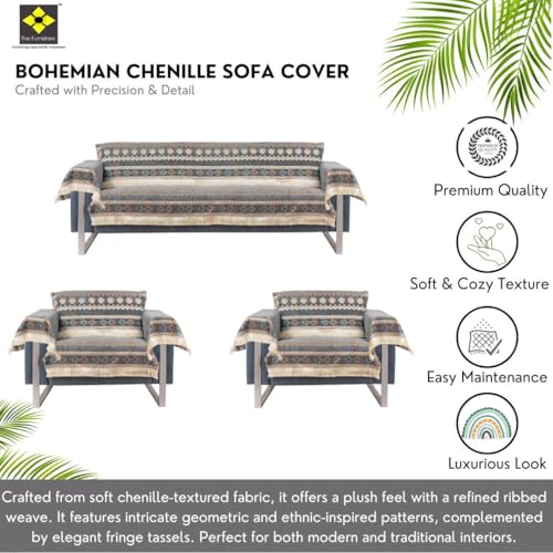 Image of Elegant Woven Grey Sofa Cover - Soft Chenille Traditional Pattern with Lace Style | L-Shape Sectional Seat Protector for Living Room | Durable & Stylish Slipcover 5 Seater with Arms