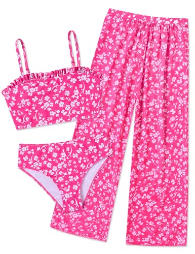 Image of Vogseek 6-16T Girls 3 Pieces Bikini Bathing Suit with Rash Guard Pants Quick Dry Swimwear Cover-Up Sets