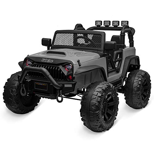 Kidzone Kids 12V9AH Battery Powered Extra Wide Seat Ride On Truck with DIY License Plate, Off Road Big Wheels, LED Lights, Remote Control, Bluetooth Music, 2 Speeds - Gray