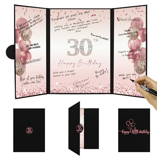 Image of DARUNAXY Rose Gold 30th Birthday Party Decorations for Women, Happy 30th Birthday Alternative Signature Guest Book Black Pink 30 Birthday Signing Card Board Party Supplies Cheers to 30 Years Old Gift