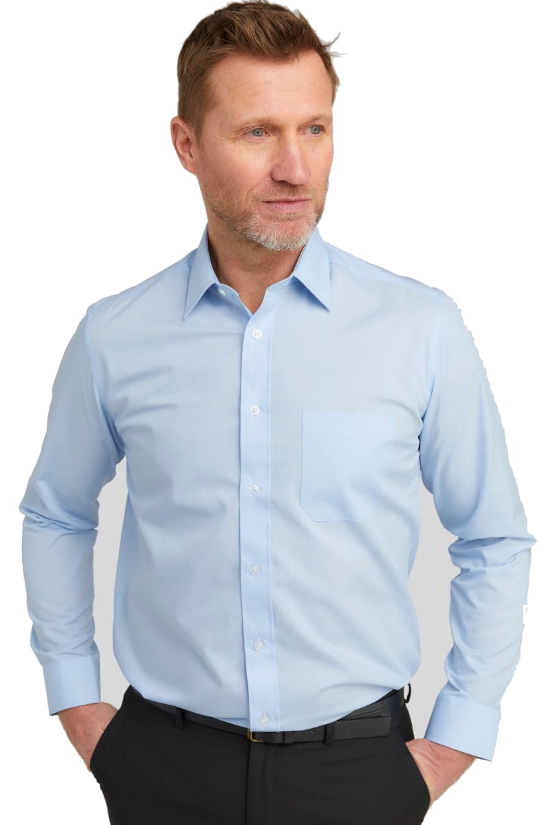 Double TWO Men's Tall Fit Long Sleeve Formal Shirt for 6ft 4 + - Extra Long Sleeves & Longer Body, Business Office Dress Shirt, Classic Collar, Chest Pocket, Glacier, 19.5