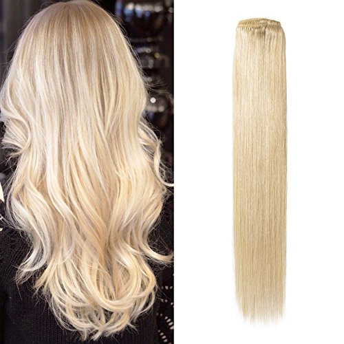 Komifa Remy Hair Extension Clip in Hair Extension Human Hair, Straight Virgin Hair Weft, Soft Natural Real Hair 100 Grams (20 Inch, No.613 Bleach Blonde)