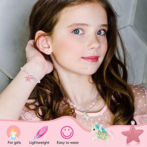 Yaomiao Set de Joyas de Collar Pulsera de Niña 2 Piezas Collares con Encanto de Unicornio Pulsera de Cuentas de Cristal para Niños Disfraces Simulación