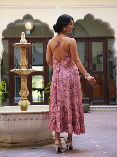 Image of Yash Gallery Women's Wrinkle-Free Floral Printed Sleeveless Maxi Dress with Spaghetti Straps One-piece