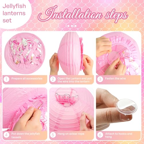 Image of 8 pcs Jellyfish Paper Lanterns Ocean Birthday Party Decorations with Hooks and Ropes, Hanging Jellyfish Decorations for Baby Shower Under The Sea Mermaid Spongebob Birthday Classroom Decorations