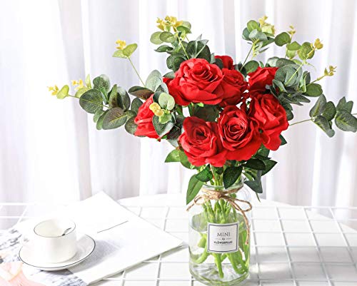 Luyue 10 Pack Artificial Red Rose Flower Fake Silk Roses With Stem Flowers Bouquet Wedding Party Home Decor(Red) #TOP3