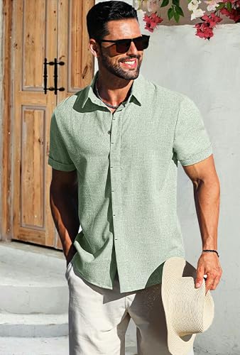 LETSEE Linen Shirts for Men Short Sleeve Button Down Dress Casual Shirt Beach Summer Wedding Hawaiian Outfit3