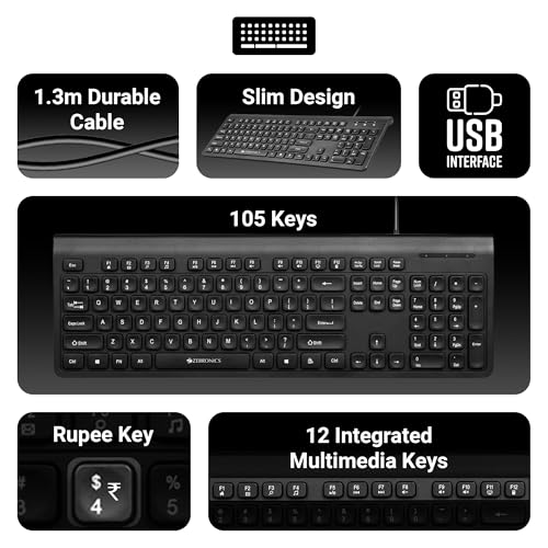 ZEBRONICS JUDWAA 880 Wired USB Keyboard & Mouse Combo, Plug & Play, 105 +12 Integrated Multimedia Keys, 3 Button Mouse, 1000 DPI, High Precision,... - Image 6