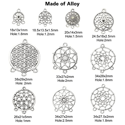 UR URLIFEHALL 100 Pcs 10 Styles Antique Silver Chandelier Charms Flat Round Dream Catcher Charms for DIY Jewellery Crafts Earring Making - Image 2
