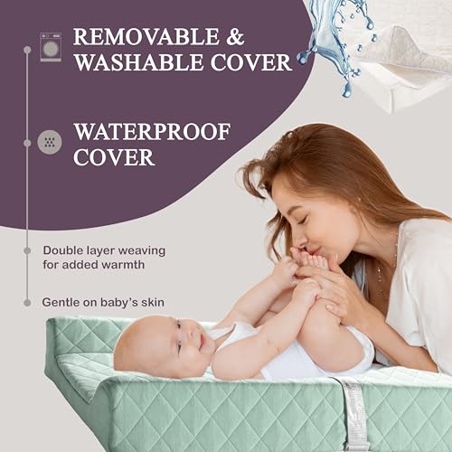 Image of Organic Cotton Covered Contoured Baby Changing Pad | Waterproof Foam Mattress, Soft, Removable & Washable Cover, Safety Strap, Non-Slip Bottom, Topper for Standard Size Infant Diaper Table & Dresser