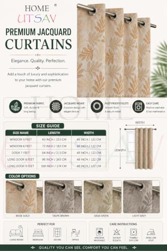 Image of HOME UTSAV Premium Jute Curtains for Window 5 feet Leaf Pattern Room Darkening Curtain | Pack of 1 | Jacquard Fabric | Beige