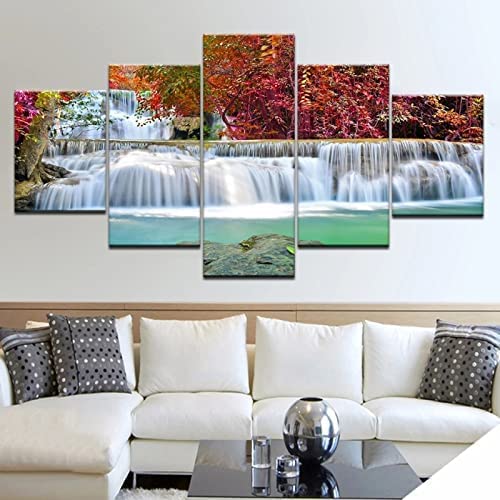 5 Piece Canvas Wall Art Modern 5 Pieces Waterfall Red Forest Lake Canvas Home Deco Art Wall Print Modular Picture,Children'S Room Printed Wall Canvas Deco 150×80 Cm For Living Room Hotel Res -0V9V+E7J
