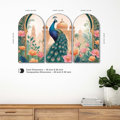 Image of Livin'luxe Peacock Wall Art | Set of 3 MDF Panel Paintings | Floral Mughal Palace Theme Decorative Wall Hanging for Living Room, Bedroom & Home Decor (20 x 30 Inch) RPNS-05
