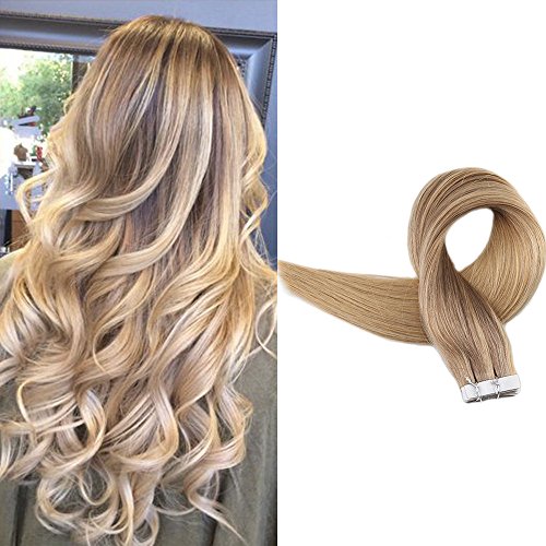 【Promotion】Full Shine 14 inch Tape in Ombre Hair Extensions Human Hair Color #10 Fading to #16 With #16 Highlight The Ombre Balayage Real Hair Tape Extensions 20 Pcs 50gram Per Package