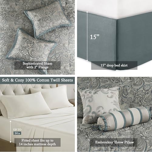 Image of Madison Park Aubrey Cozy 12 Piece Comforter Set & Sheet, Luxe Faux Silk Jacquard Paisley Design - All Season Down Alternative Bedding with Cotton Bed Sheets, Bedskirt, Toss Pillows, Cal King Teal