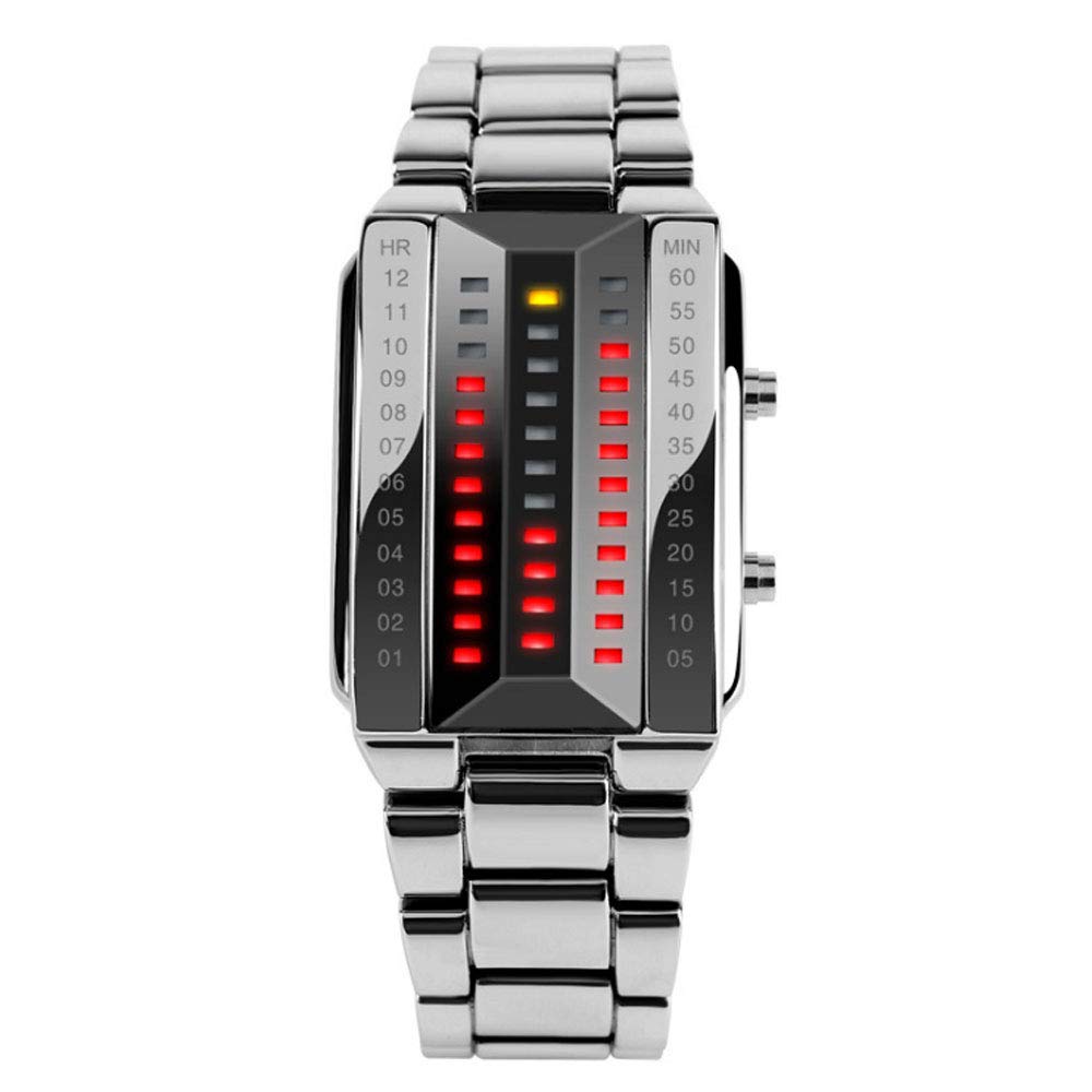 Binary Digital Watches, LED Double RowStainless SteelOutdoor Men Woman Waterproof Sports Couple Watches,Silver,boy