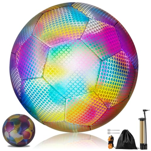 Ballon de football réfléchissant phosphorescent - Taille officielle 5 - Ballon de football holographique lumineux pour enfants et adultes - Sports de plein...