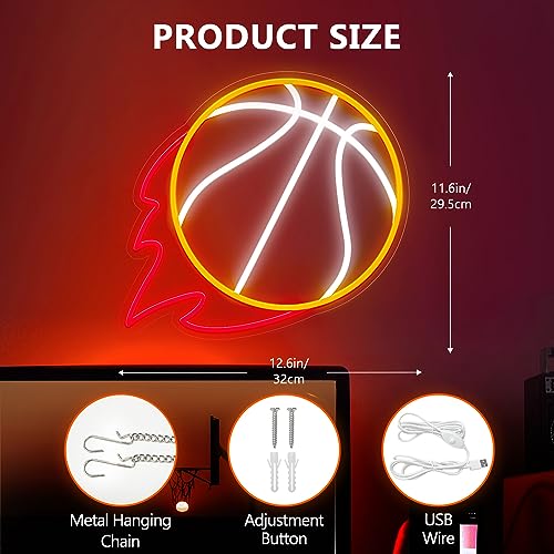 Image of Basketball Neon Sign, 12.6x11.6 Inch Basketball Led Neon Light, Dimmable LED Neon Signs for Wall Decor, Wall Decor Aesthetic, Sports Neon Signs for Room Bedroom Shop Decor, Gift for Christmas Birthday