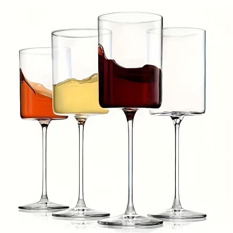 Image of PrimeWorld Modern Square Wine Glasses Set of 4 Pcs - 260 ml Crystal Stemmed Wine Glasses with Thin Laser-Cut Rim, Large Glasses for Red & White Wine, Dishwasher Safe