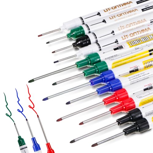 QESSUVNC 12 Pcs Deep Hole Marker Pens 45mm Long Nib Markers with 2mm Felt Tip for Marking Hard To Reach Places, Waterproof Permanent Quick Dry Ink for Carpenters, Builders & Construction